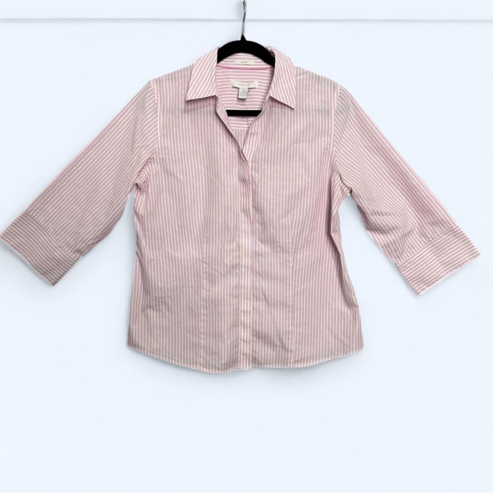 Chico's Light Pink Striped Blouse‎ - Mean Girls Academia Professional Shimmer